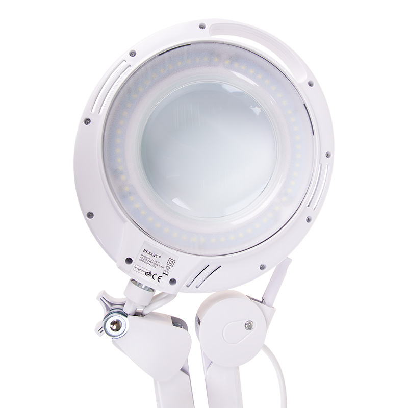Лупа на струбцине круглая 3D с подсветкой 60 SMD LED, сенсорный регулятор яркости, ø127мм, белая REXANT — фото