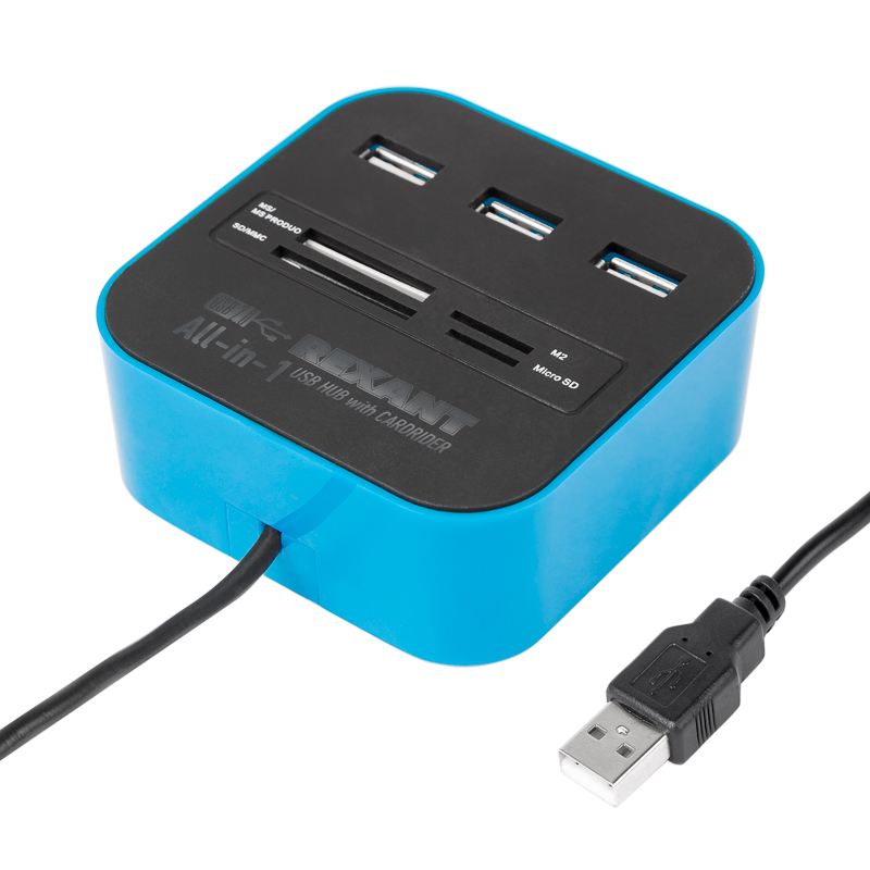 Разветвитель USB на 3 порта + картридер (все в одном) черный REXANT — фото