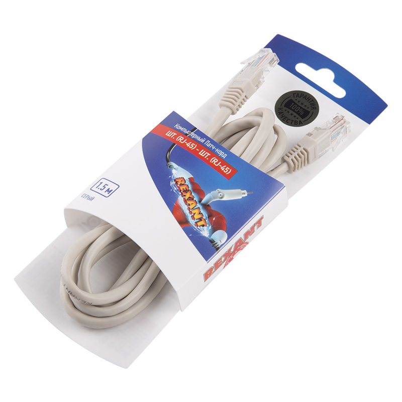Шнур коммутационный патч-корд U/UTP RJ45-RJ45, CAT 5e, PVC, серый, 1,5м REXANT — фото