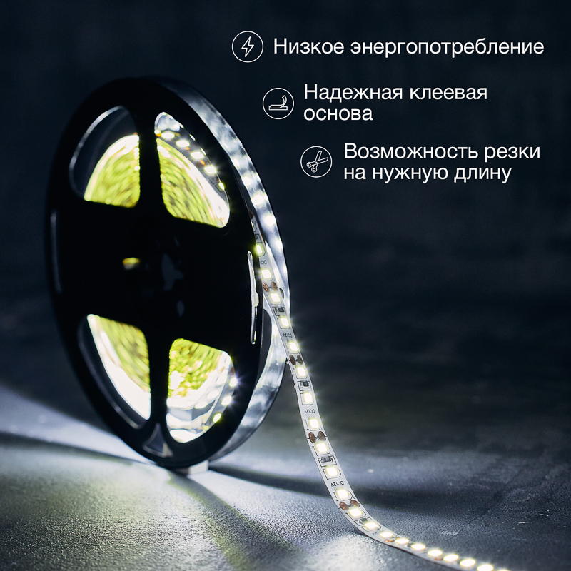 Лента светодиодная 12В, SMD2835, 9,6 Вт/м, 120 LED/м, 6500K, 8мм, 5м, IP20 LAMPER — фото