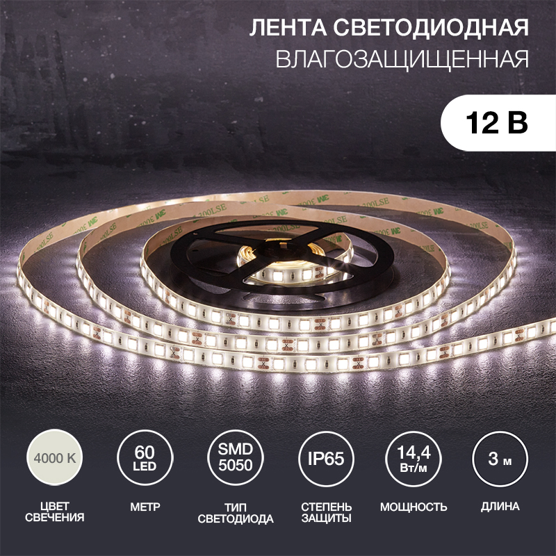 Лента светодиодная 12В, SMD5050, 14,4Вт/м, 60 LED/м, 4000К, 10мм, 3м, для БП с клеммами, IP65 LAMPER — фото