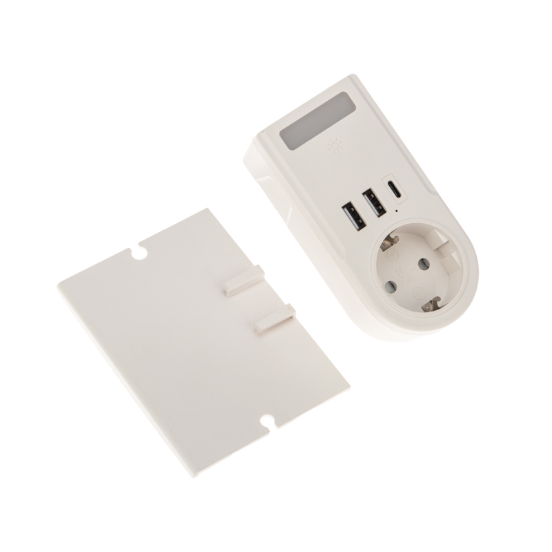 Адаптер USB многофункциональный (2 разъема USB-A, USB-С, розетка 220-250В) с подсветкой и подставкой для телефона REXANT — фото