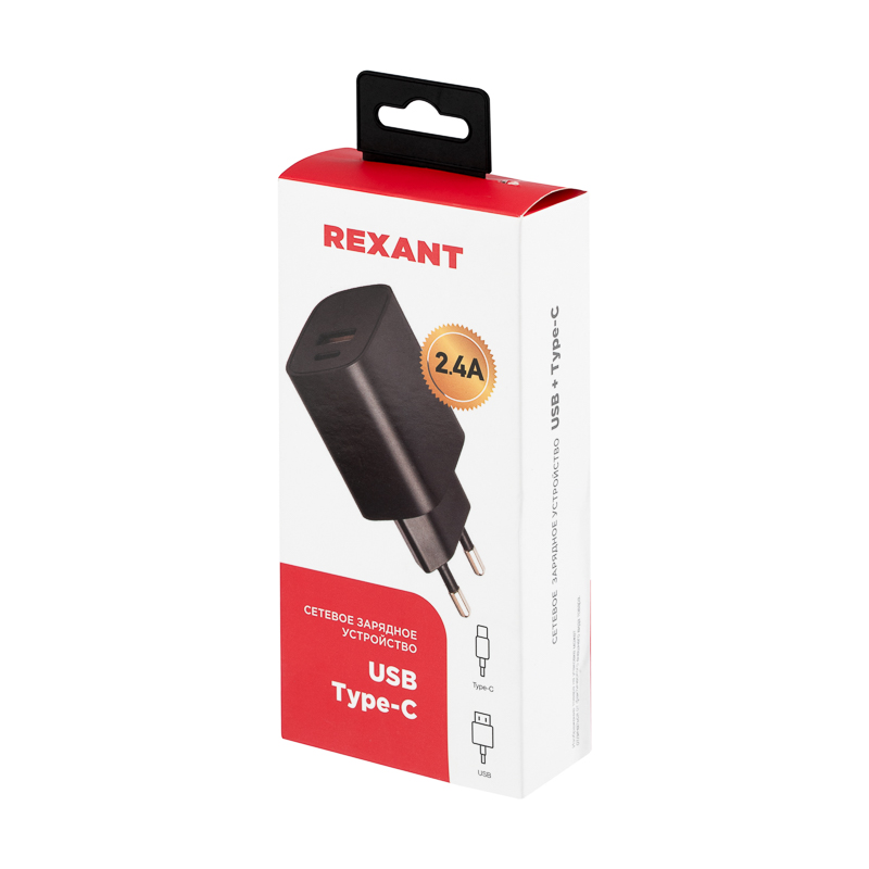 Сетевое зарядное устройство USB + Type-C, 5В, 2,4A, черное REXANT — фото