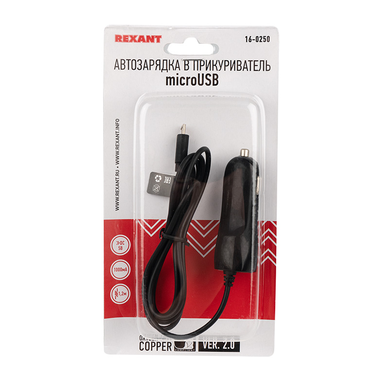 Автозарядка в прикуриватель micro USB (АЗУ) (5В, 1000мА) шнур прямой 1,2 м черная REXANT — фото