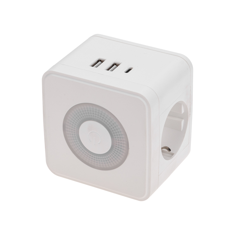 Двойник электрический Куб 16А с/з, 2 разъема USB-A 2,4А, 1 разъем USB-C 3А, с ночной подсветкой, белый REXANT — фото
