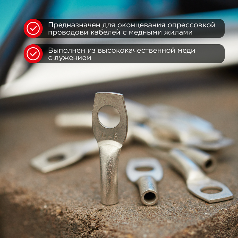 Наконечник медный луженый ТМЛ 4–6–3 (4мм² - Ø6мм) ГОСТ 7386-80 (в упак. 10 шт.) REXANT — фото