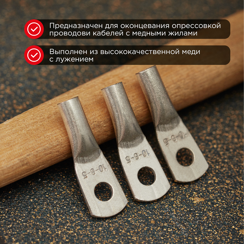 Наконечник медный луженый ТМЛ 10–6–5 (10мм² - Ø6мм) ГОСТ 7386-80 (в упак. 5 шт.) REXANT — фото