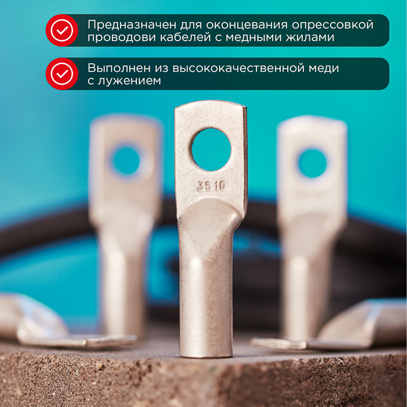 Наконечник медный луженый ТМЛ 35–10–10 (35мм² - Ø10мм) ГОСТ 7386-80 (в упак. 5 шт.) REXANT — фото