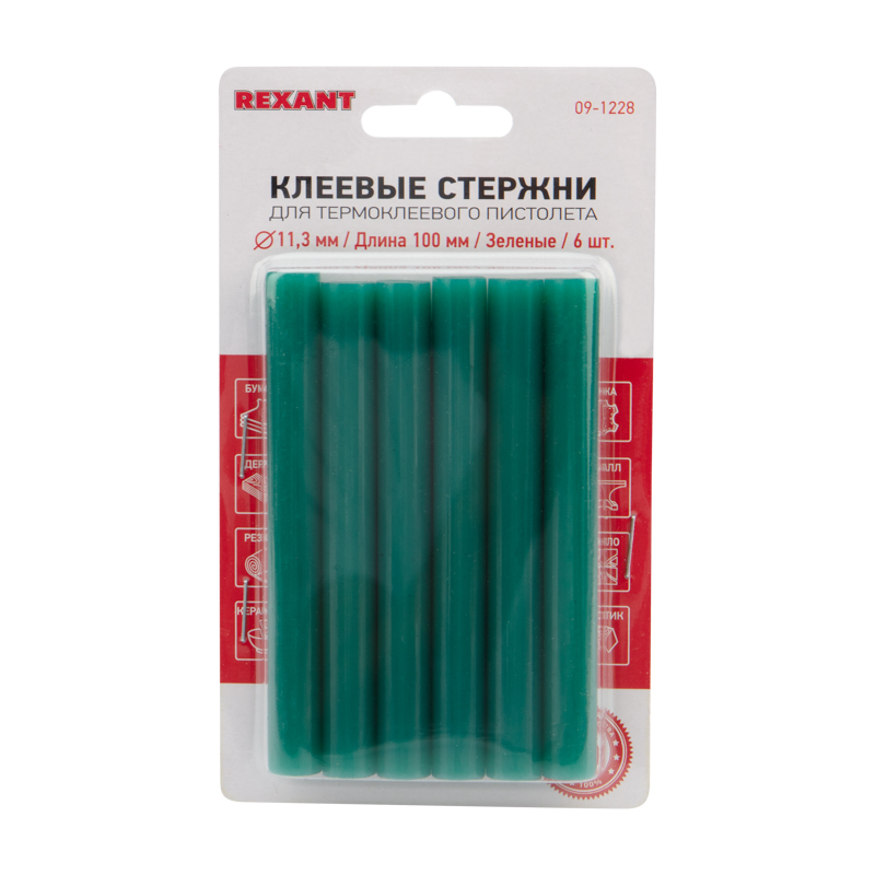 Стержни клеевые Ø11мм, 100мм, зеленые (6 шт/уп), блистер REXANT — фото