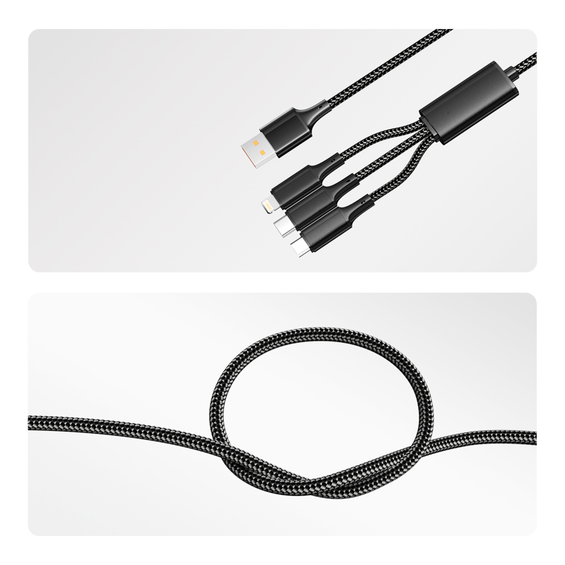 Кабель USB 3в1 Type-С (6A), Lightning (2,4A), micro USB (3A) 1,2м, в черной оплетке REXANT — фото