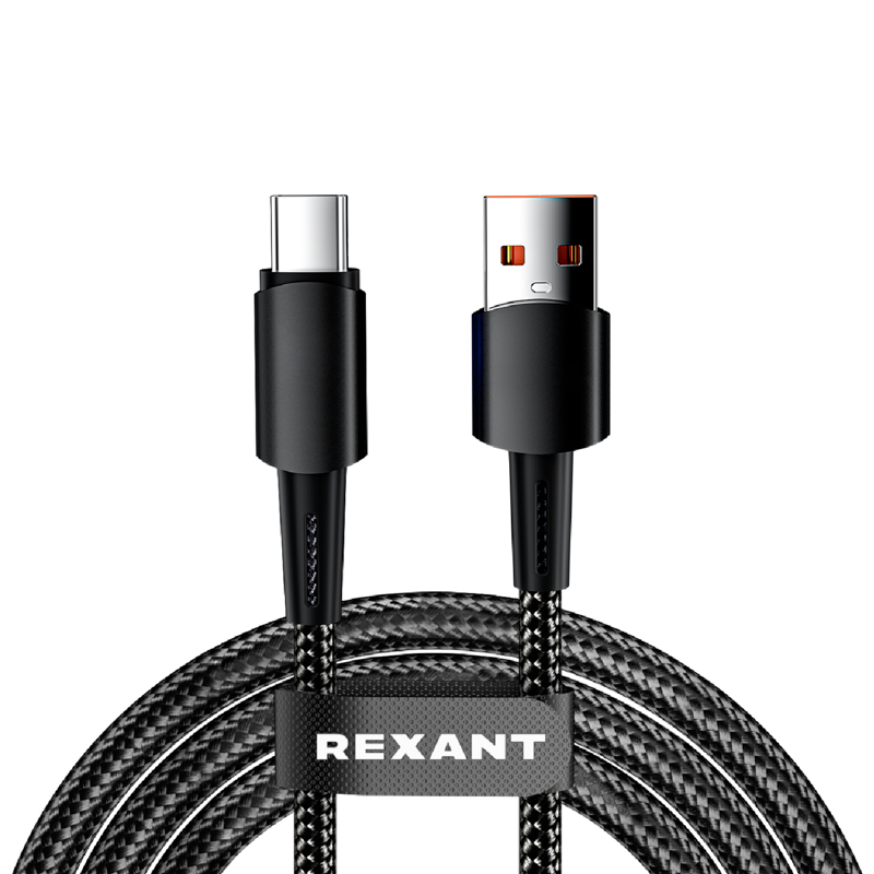 Кабель USB-A – Type-C, 6А, 120Вт, 1м, в черной нейлоновой оплетке REXANT — фото