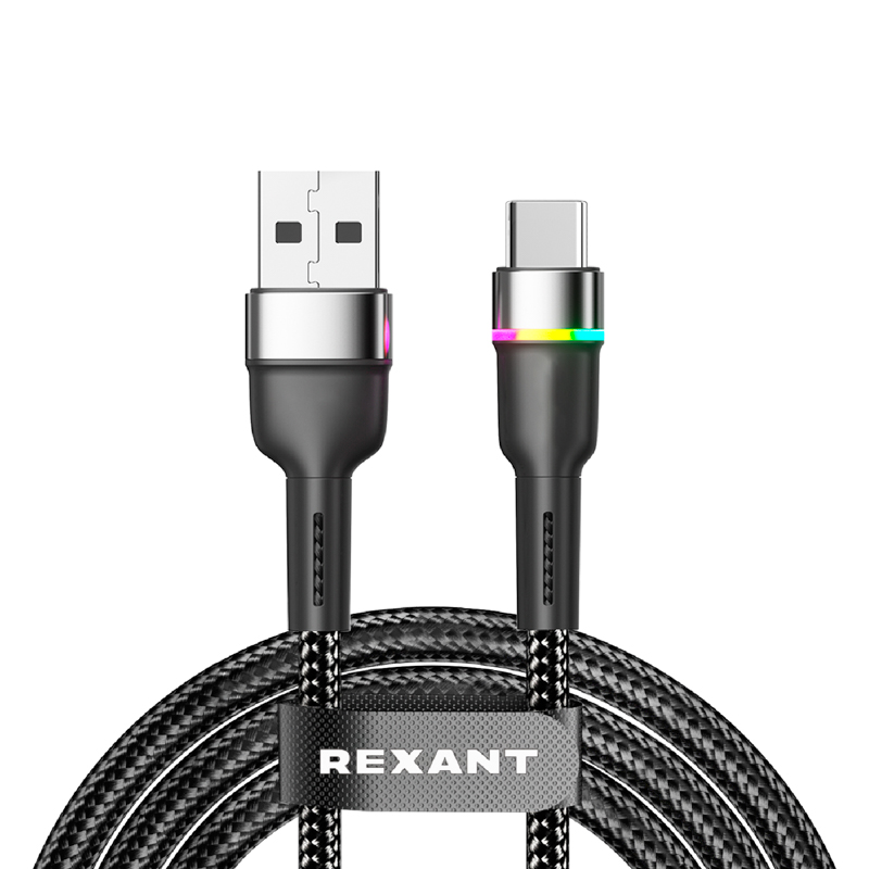 Кабель USB-A – Type-C, 3А, 18Вт, 1м, в черной нейлоновой оплетке, с LED подсветкой REXANT — фото