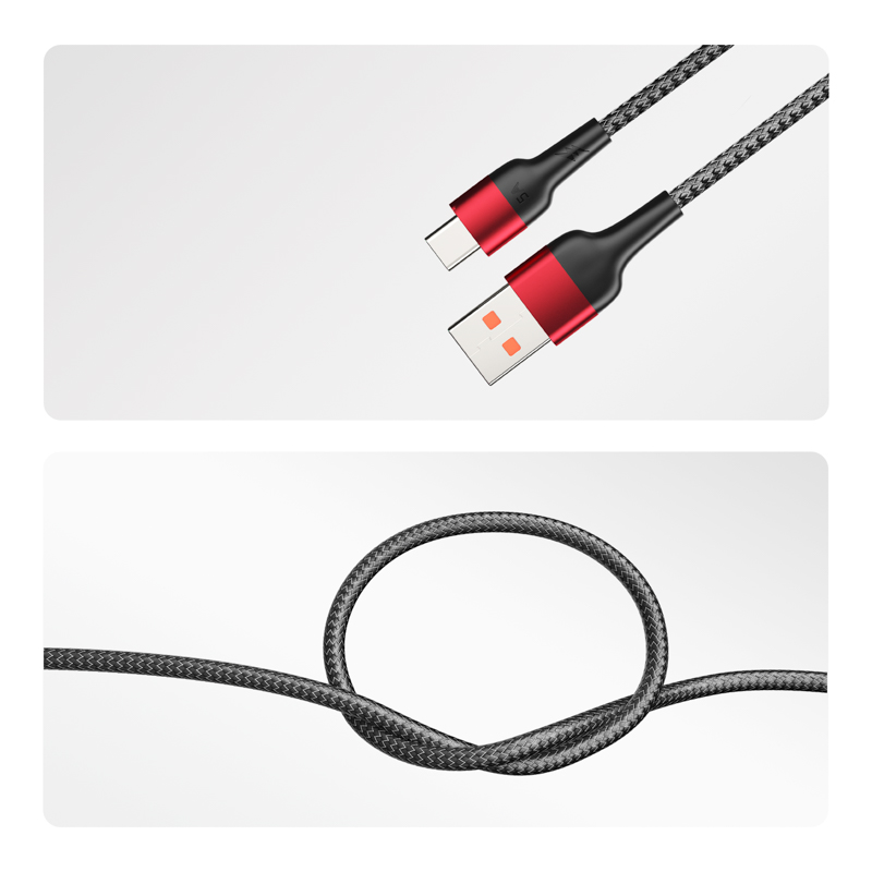 Кабель USB-A – Type-C, 5А, 50Вт, 1м, в черной нейлоновой оплетке REXANT — фото