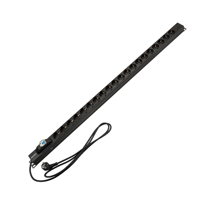 Блок распределения питания PDU вертикальный 20 розеток СЕЕ 7/4 Schuko 16А автомат защиты алюм корп шнур 2м вилка СЕЕ 7/7 Schuko черный REXANT