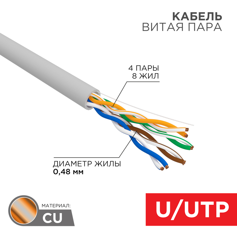 Кабель витая пара U/UTP, CAT 5e, PVC, 4PR, 24AWG, внутренний, однопроволочный, серый, 305м, РФ REXANT — фото