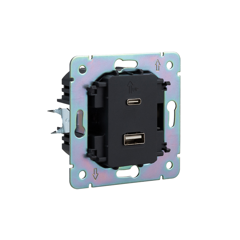 Розетка STRONG USB-A+Type-C 3А с функцией быстрой зарядки антрацит KRANZ — фото