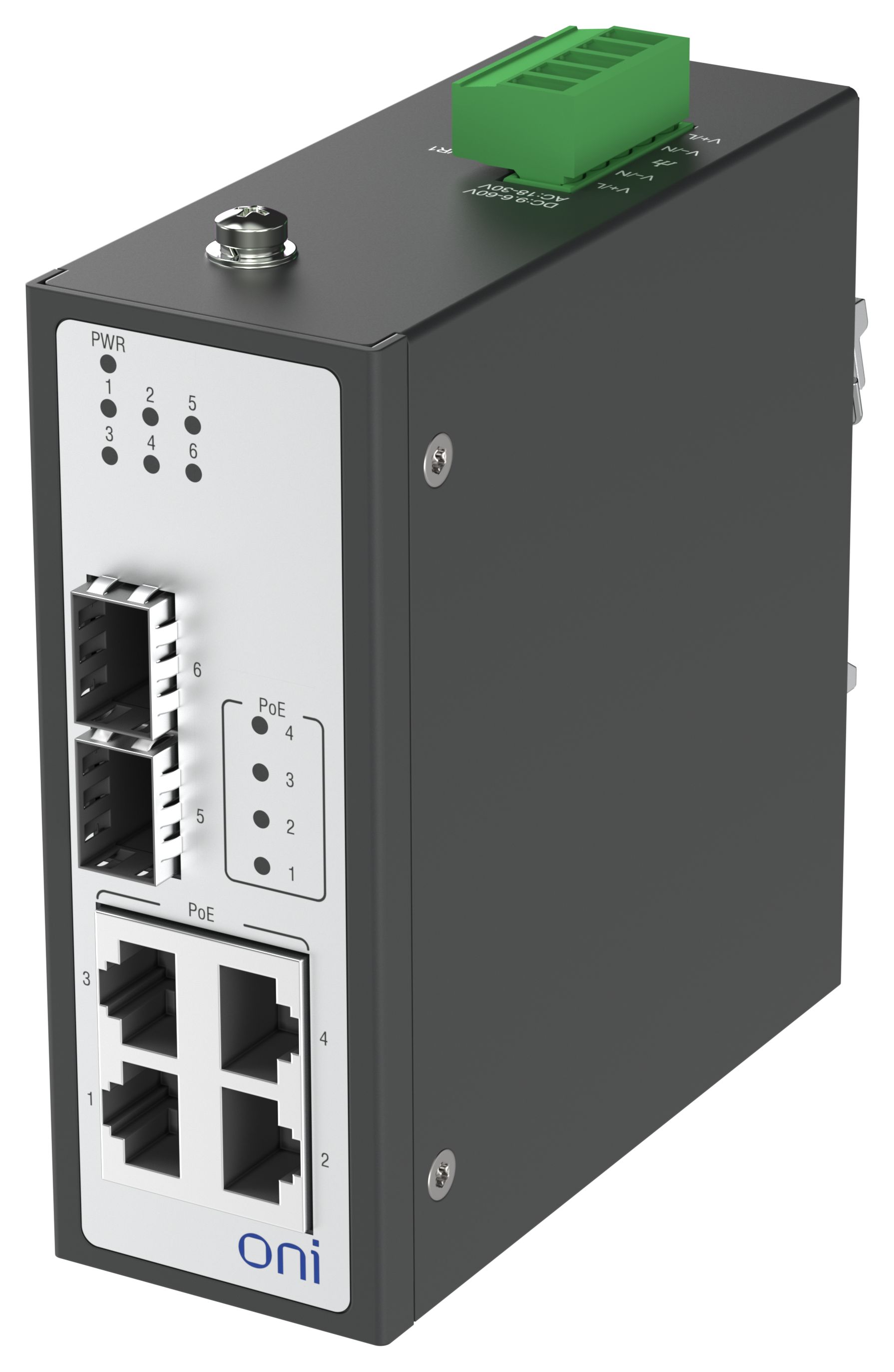 Коммутатор промышленный неуправляемый ISU-450 Ethernet 2 SFP слота 100/1000BaseX 4 порта 10/100/1000BaseT разъем RJ45 24В AC/12/24/48В DC с резервированием ONI — фото