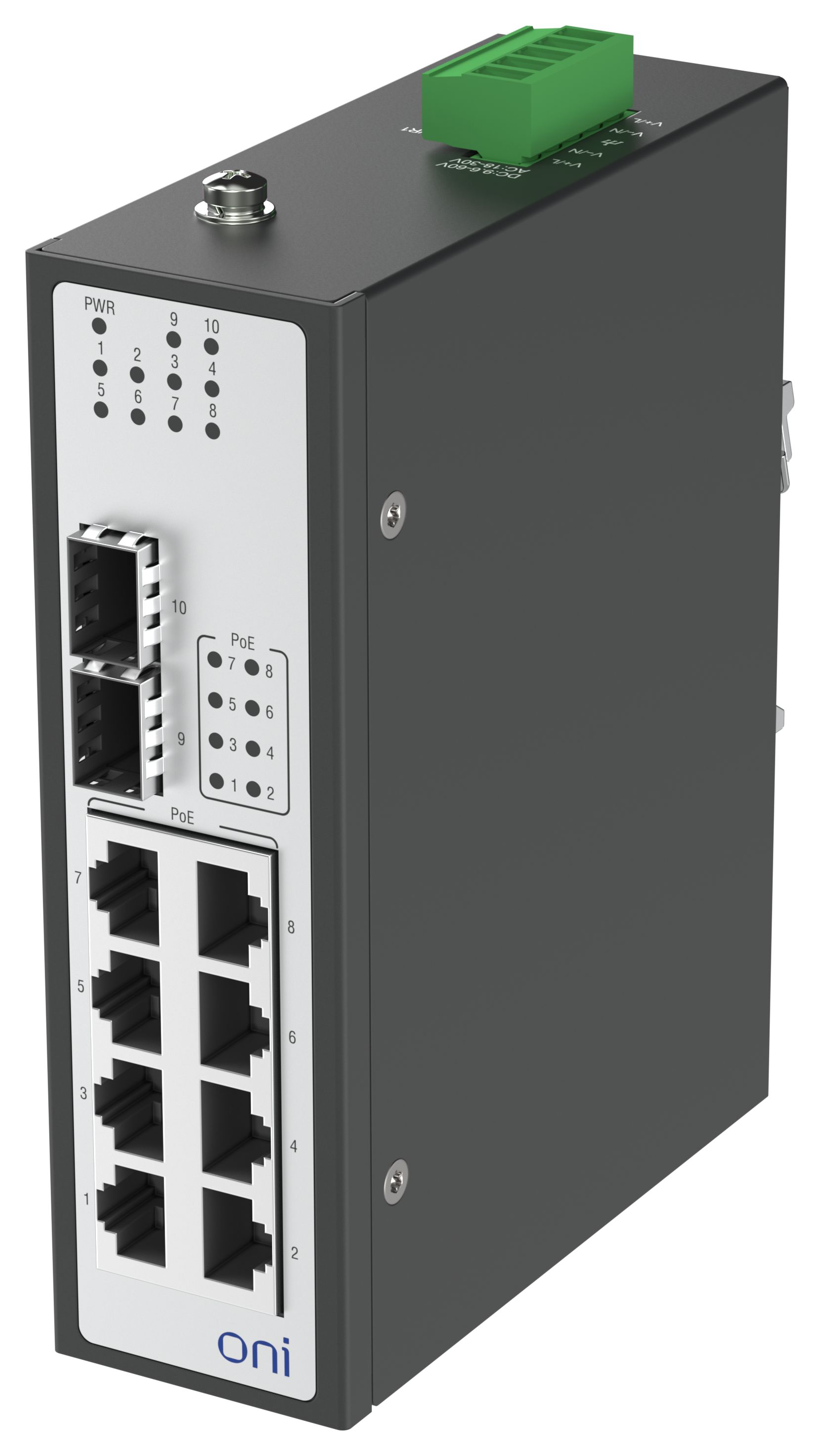 Коммутатор промышленный неуправляемый ISU-450 Ethernet 2 SFP слота 100/1000BaseX 8 портов 10/100/1000BaseT разъем RJ45 с PoE 48В DC с резервированием ONI — фото