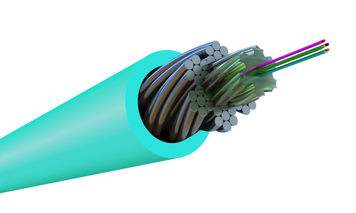 Hyperline FO-AWS1-IN-503-2-LSZH-AQ Кабель волоконно-оптический многомодовый 50/125 (OM3), 2 волокна в канате из стальных проволок, бронированный, водоблокирующий гель, супергибкий, LSZH, нг(А)-HF, внутренний -40°C – +70°C, голубой (aqua) — фото