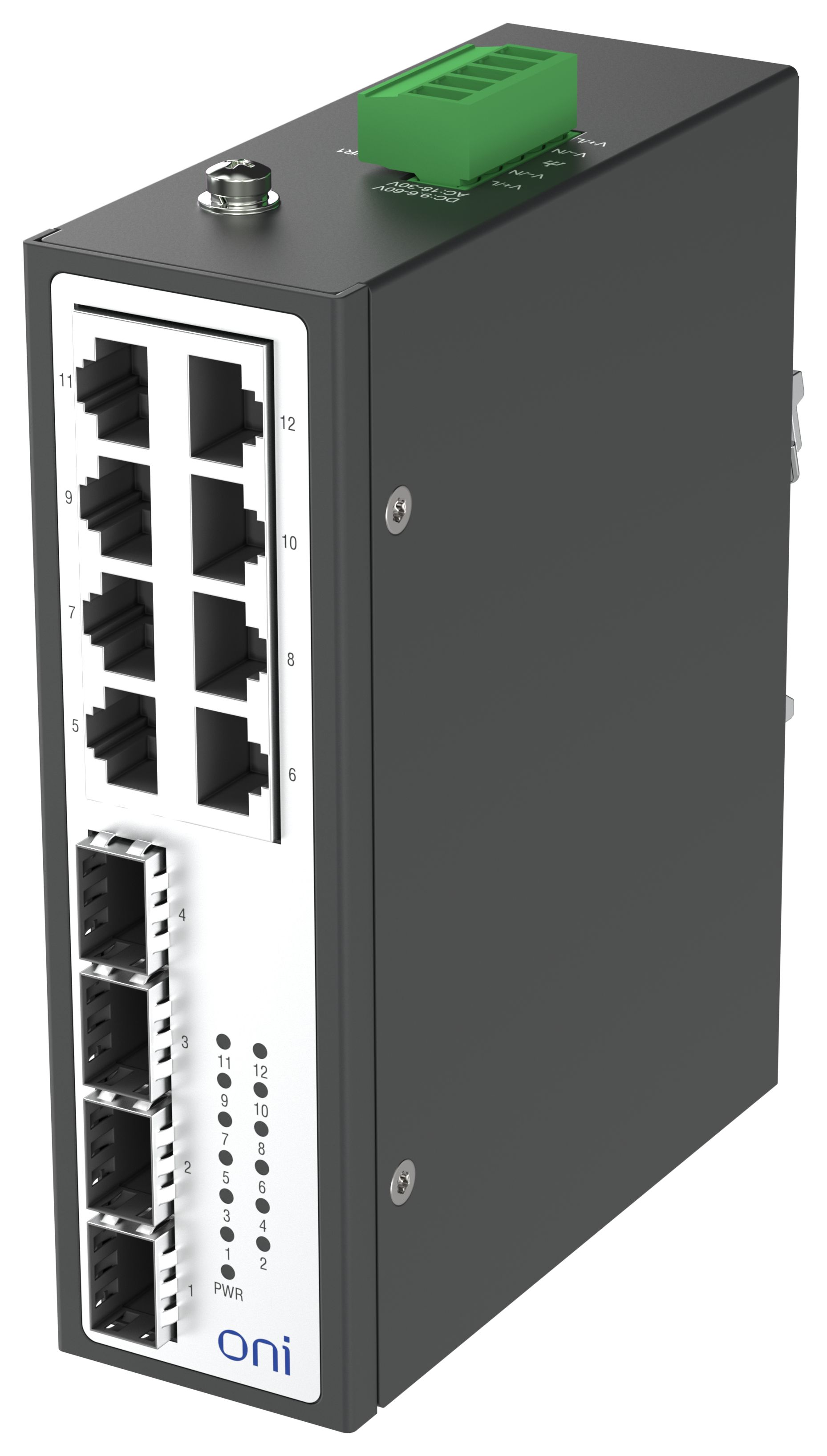 Коммутатор промышленный неуправляемый ISU-450 Ethernet 4 SFP слота 100/1000BaseX 8 портов 10/100/1000BaseT разъем RJ45 24В AC/12/24/48В DC с резервированием ONI — фото