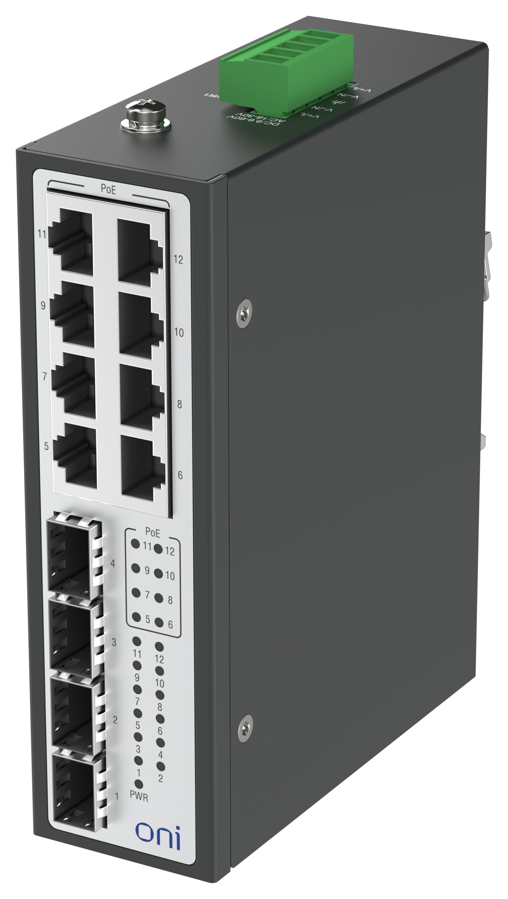 Коммутатор промышленный неуправляемый ISU-450 Ethernet 4 SFP слота 100/1000BaseX 8 портов 10/100/1000BaseT разъем RJ45 с PoE 48В DC с резервированием ONI — фото