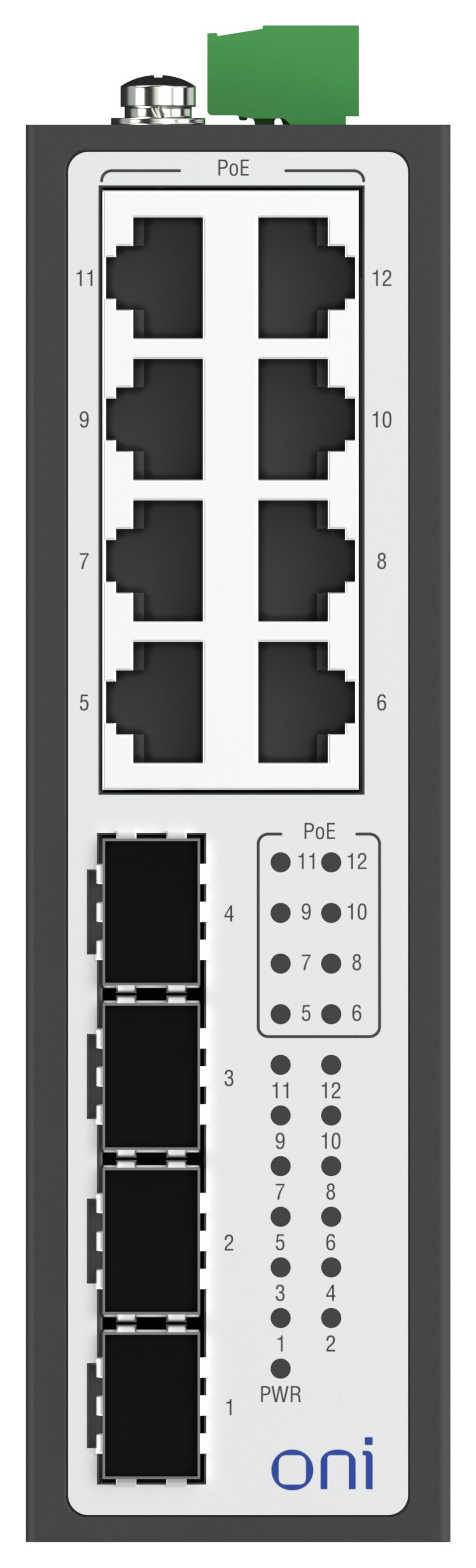 Коммутатор промышленный неуправляемый ISU-450 Ethernet 4 SFP слота 100/1000BaseX 8 портов 10/100/1000BaseT разъем RJ45 с PoE 48В DC с резервированием ONI — фото