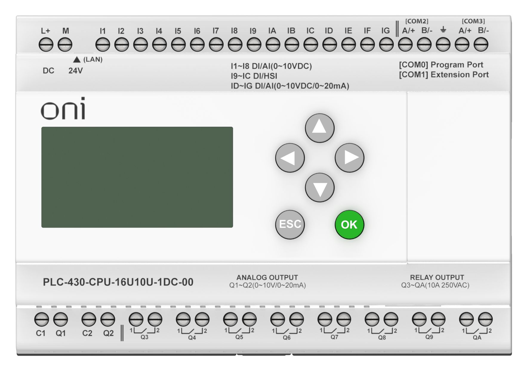 ПЛК 430 Модуль ЦПУ 4 DI 12 UI (0-10 В/DI) 8 RO 2 AO (1 шт 0-10 В и 1 шт 0-20 мА) 24В DC с Ethernet портом с экраном ONI — фото