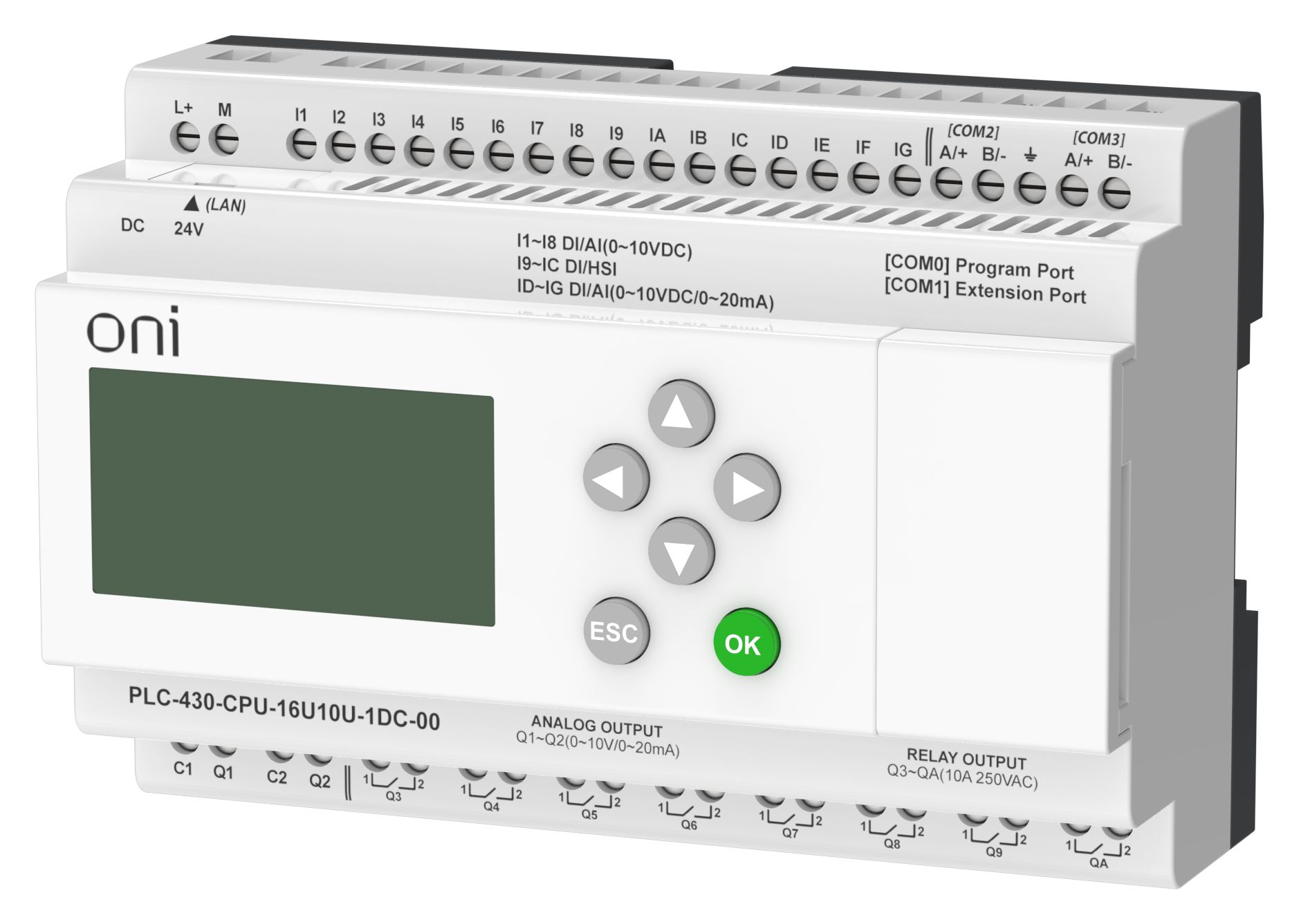 ПЛК 430 Модуль ЦПУ 4 DI 12 UI (0-10 В/DI) 8 RO 2 AO (1 шт 0-10 В и 1 шт 0-20 мА) 24В DC с Ethernet портом с экраном ONI — фото