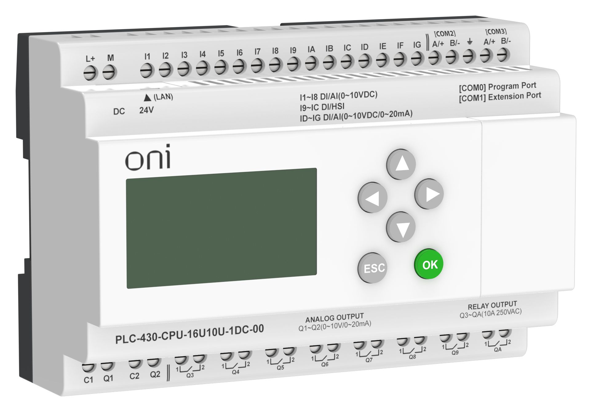 ПЛК 430 Модуль ЦПУ 4 DI 12 UI (0-10 В/DI) 8 RO 2 AO (1 шт 0-10 В и 1 шт 0-20 мА) 24В DC с Ethernet портом с экраном ONI — фото