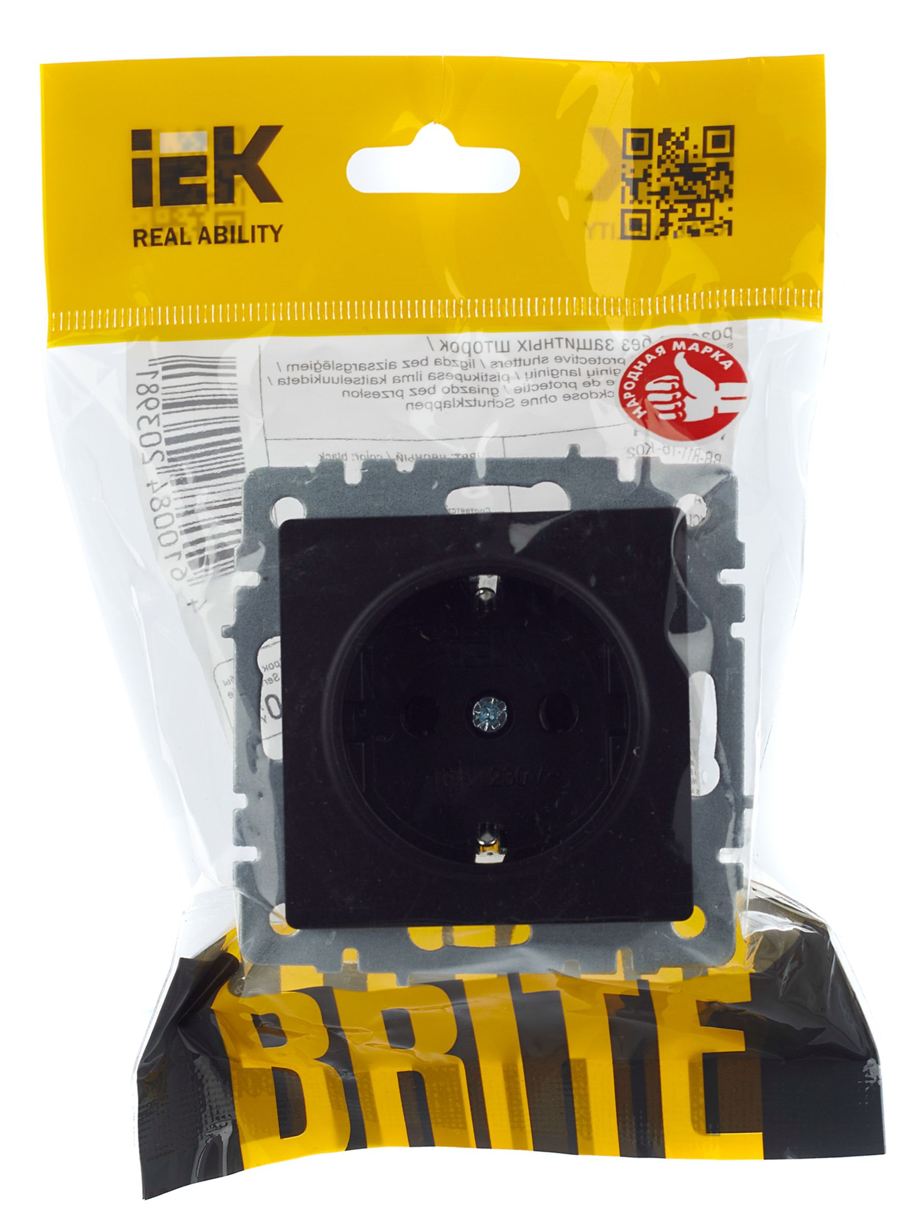 BRITE Розетка 1-местная с заземлением без защитных шторок 16А РС11-1-0-БрЧ черный IEK — фото
