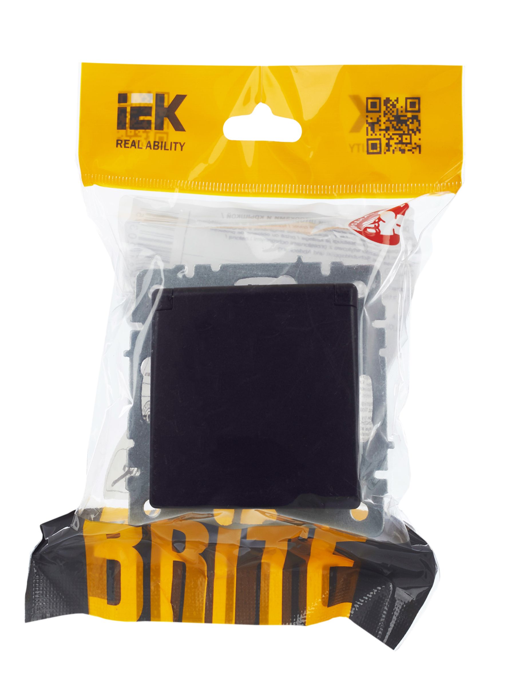 BRITE Розетка 1-местная с заземлением с защитными шторками и крышкой 16А IP44 РСбш10-3-44-БрЧ черный IEK — фото