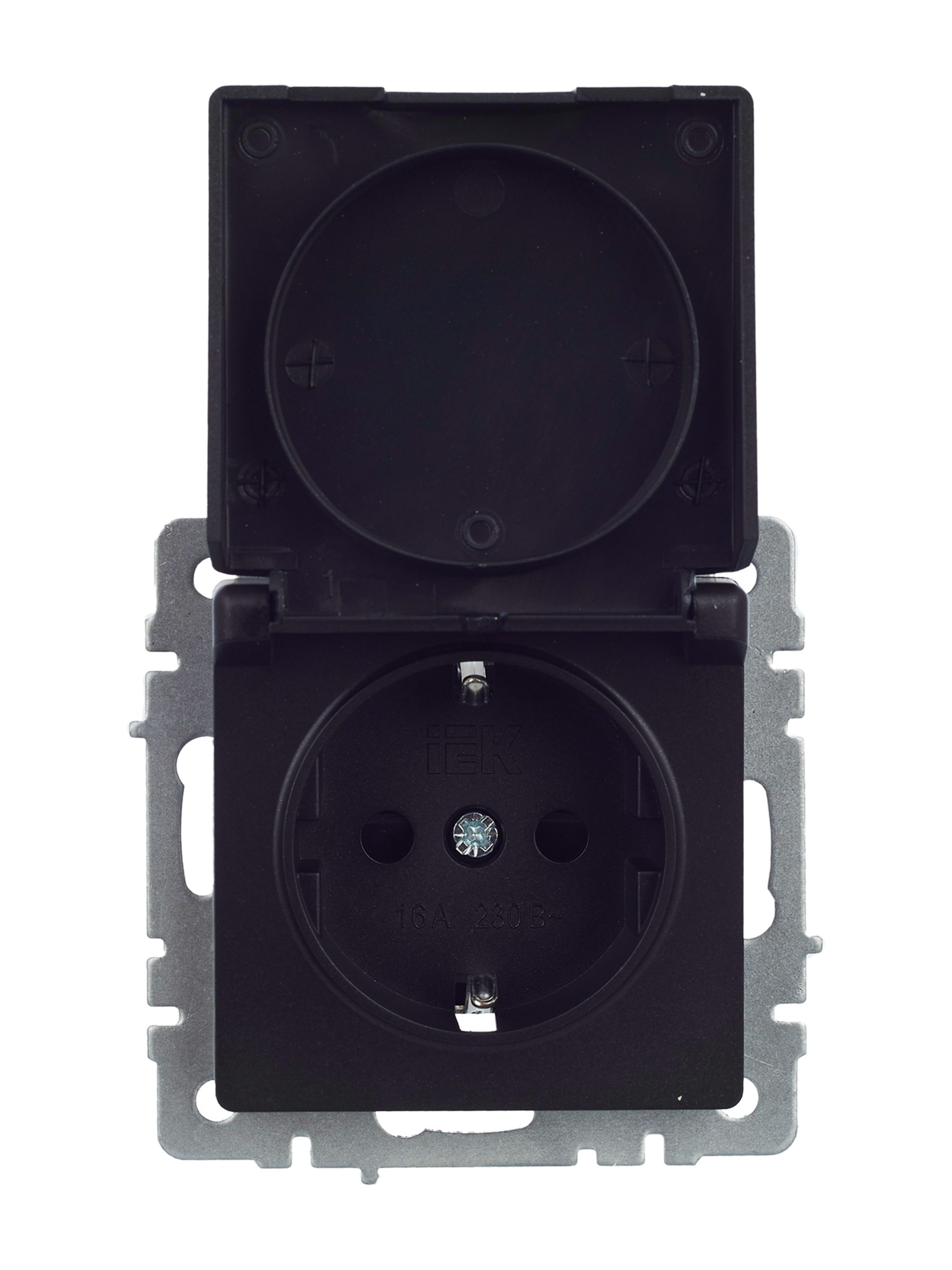 BRITE Розетка 1-местная с заземлением с защитными шторками и крышкой 16А IP44 РСбш10-3-44-БрЧ черный IEK — фото