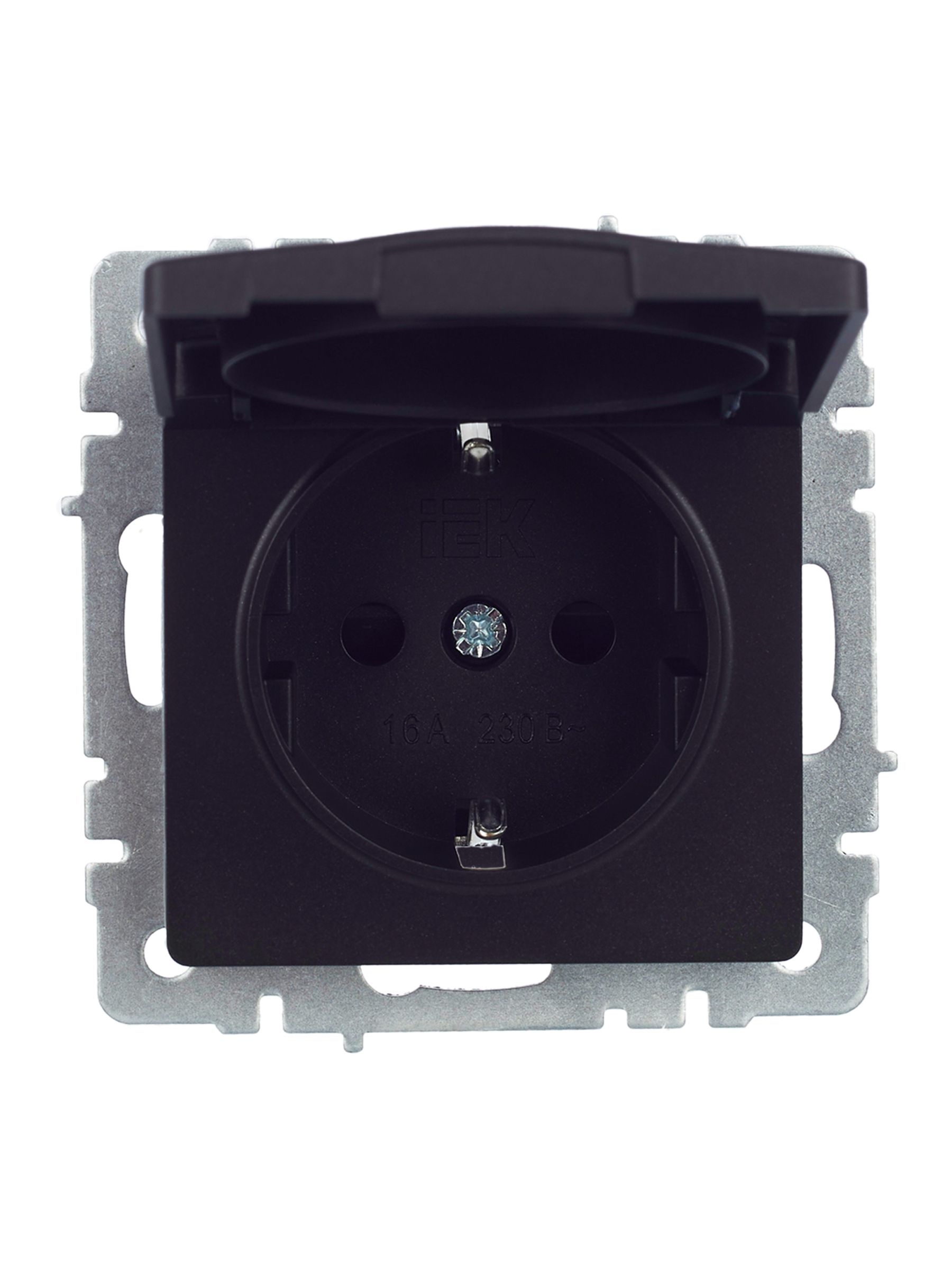 BRITE Розетка 1-местная с заземлением с защитными шторками и крышкой 16А IP44 РСбш10-3-44-БрЧ черный IEK — фото