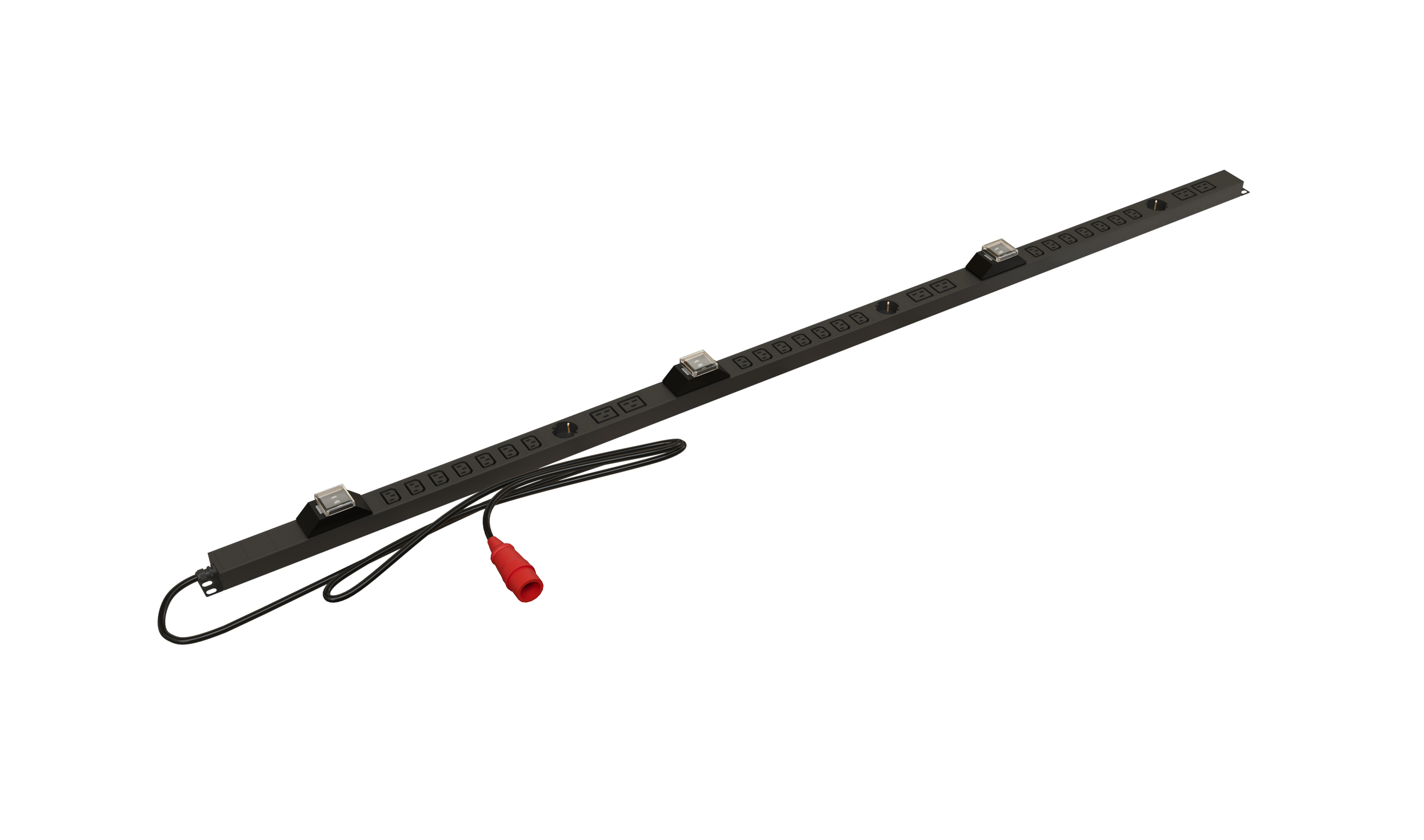 Hyperline SHE-3SH-21IEC-6BIEC-3B-3PVR Блок розеток вертикальный, 3 розетки Schuko, 21 розетка IEC320 C13, 6 розеток IEC320 C19, 3 автоматических выключателя, кабель питания 3м (5х6.0мм2) с вилкой IEC 60309 32А (3P+N+E), 380В, корпус алюминий, черный