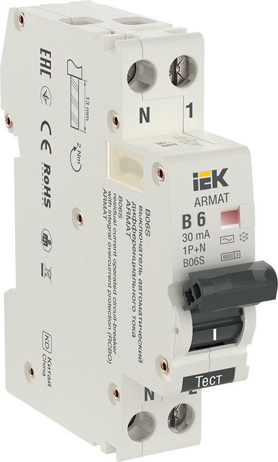 ARMAT Автоматический выключатель дифференциального тока B06S 1P+NP B6 30мА тип AC (18мм) IEK — фото