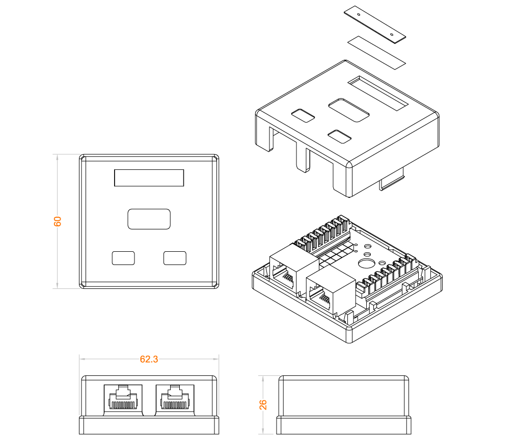 Hyperline SB1-2-8P8C-C5e-WH Розетка компьютерная RJ-45(8P8C), категория 5e, двойная, внешняя, Dual IDC — фото