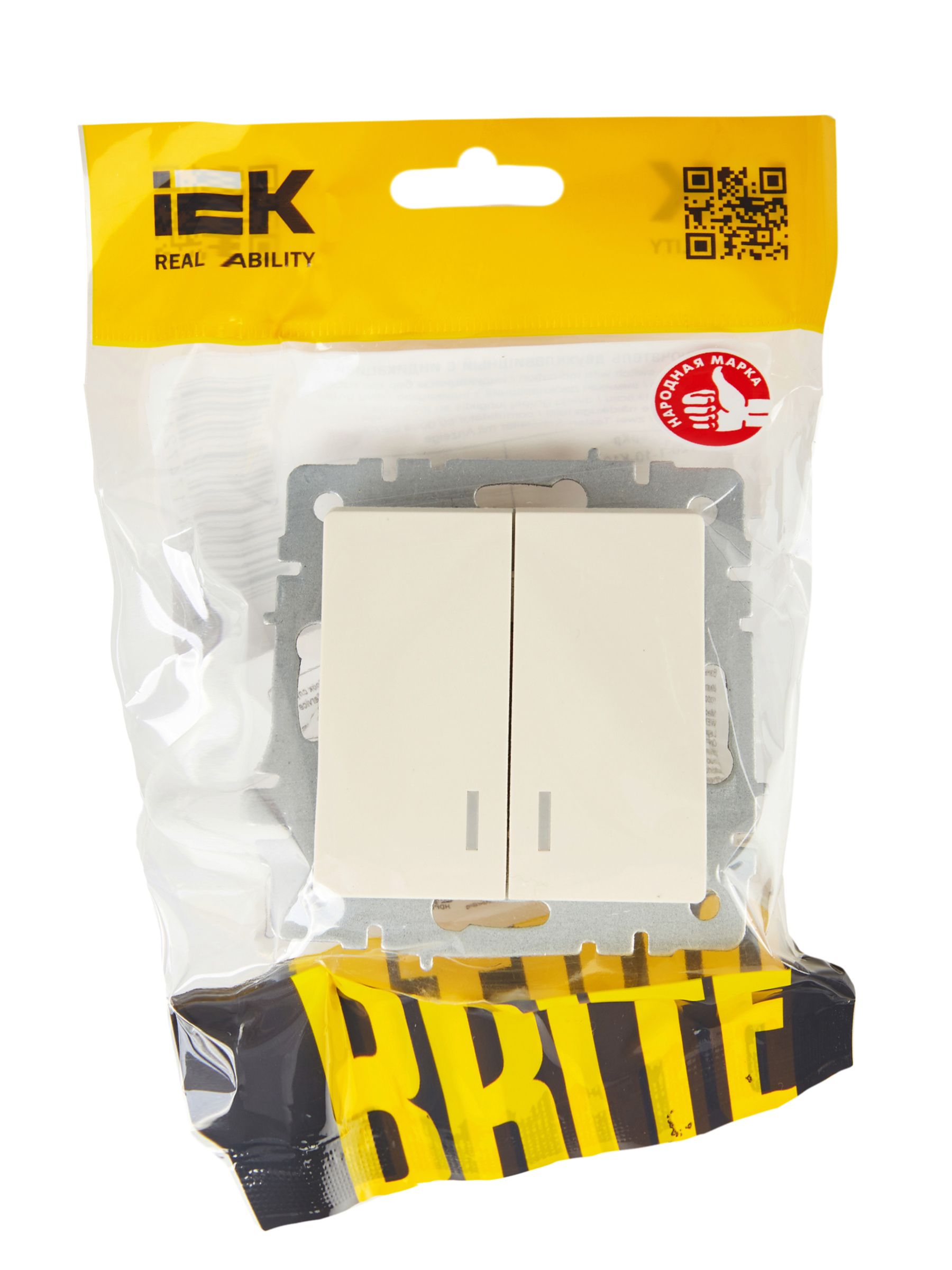 BRITE Выключатель 2-клавишный с индикацией 10А ВС10-2-1-БрКр бежевый IEK — фото