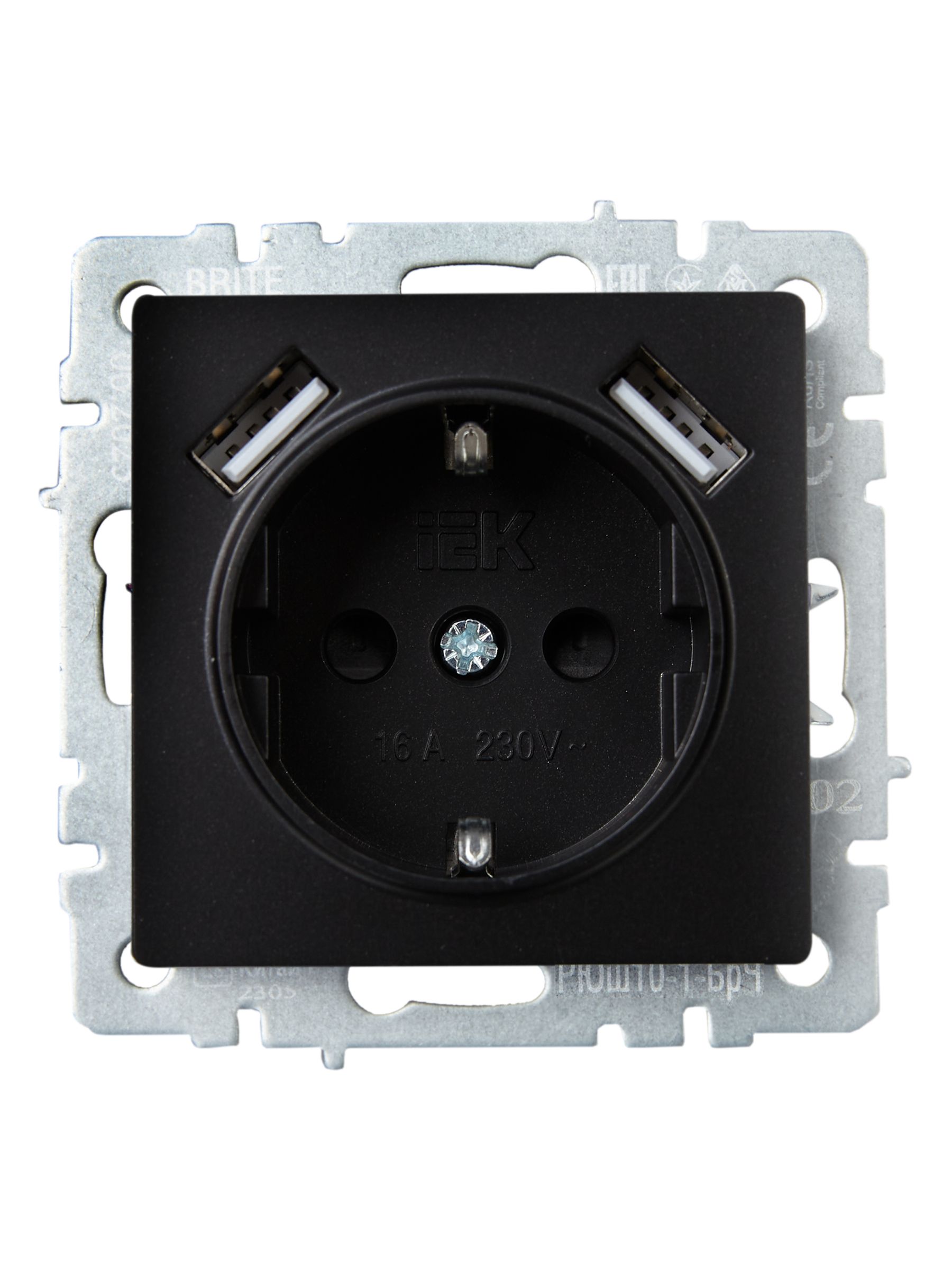 BRITE Розетка 1-местная с заземлением с защитными шторками 16А с USB A+A 5В 2,1А РЮш10-1-БрЧ черный IEK — фото