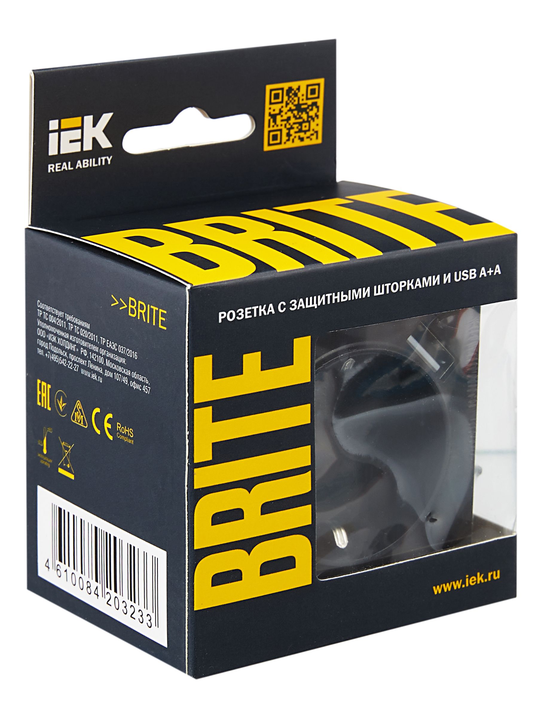 BRITE Розетка 1-местная с заземлением с защитными шторками 16А с USB A+A 5В 2,1А РЮш10-1-БрЧ черный IEK — фото