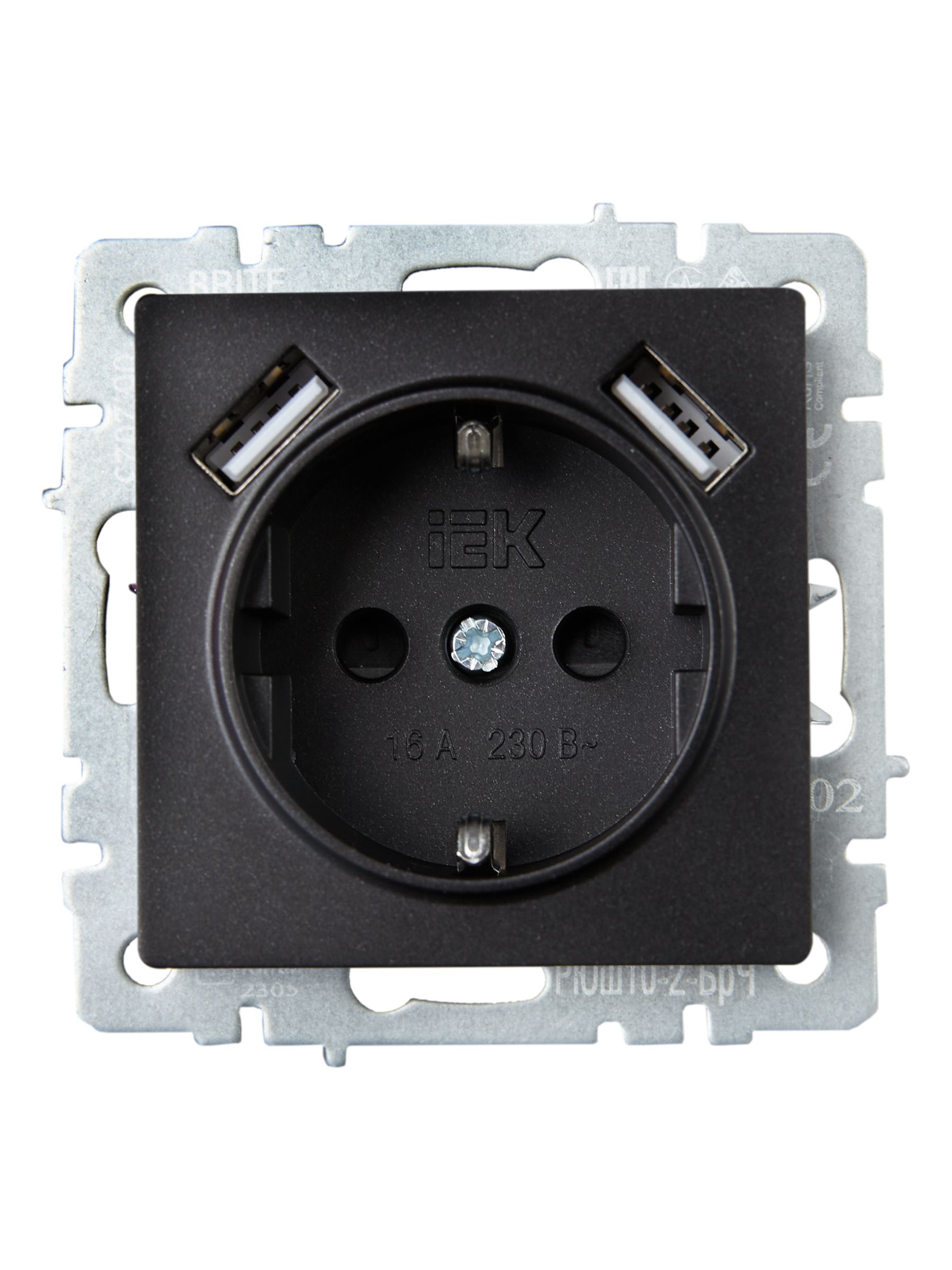 BRITE Розетка 1-местная с заземлением с защитными шторками 16А с USB A+A 5В 3,1А РЮш10-2-БрЧ черный IEK — фото