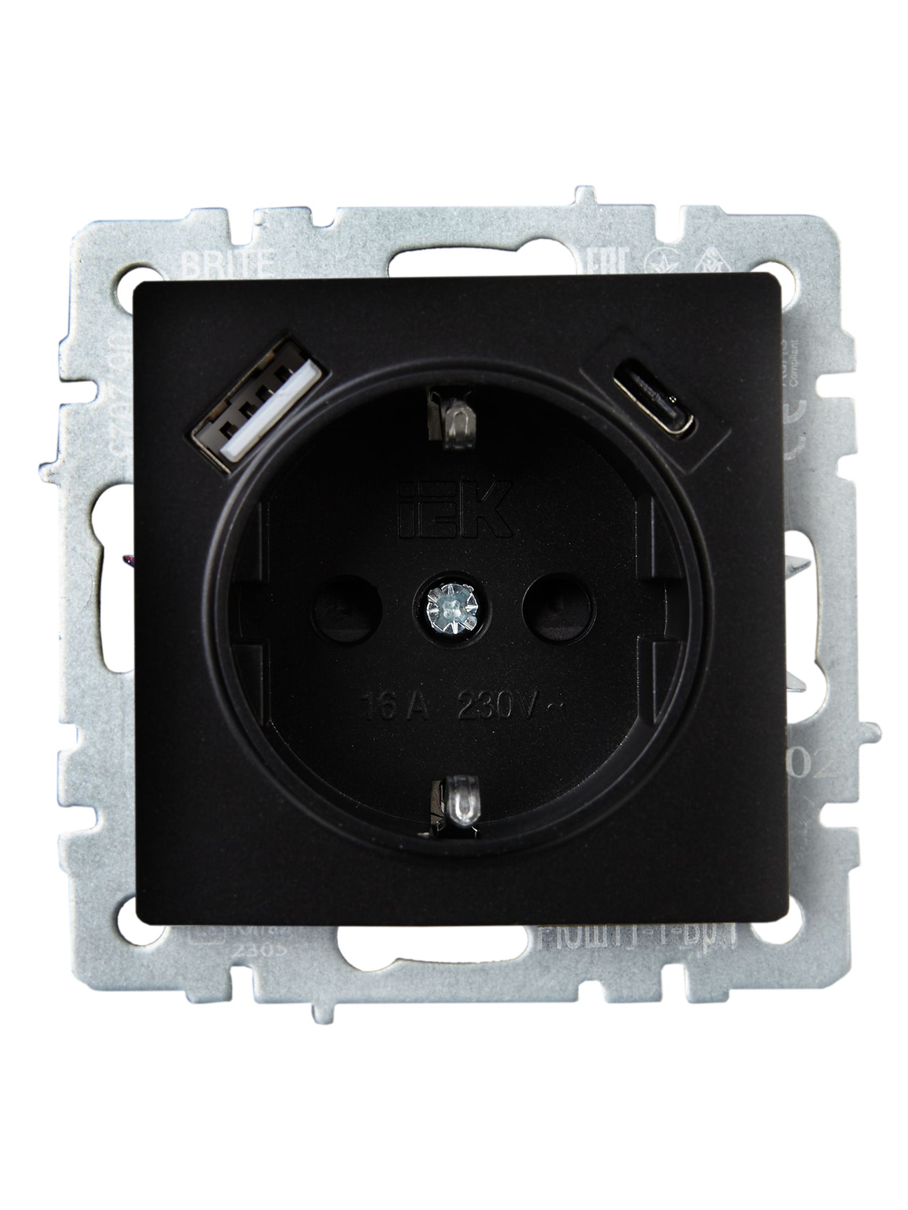 BRITE Розетка 1-местная с заземлением с защитными шторками 16А с USB A+C 18Вт РЮш11-1-БрЧ черный IEK — фото