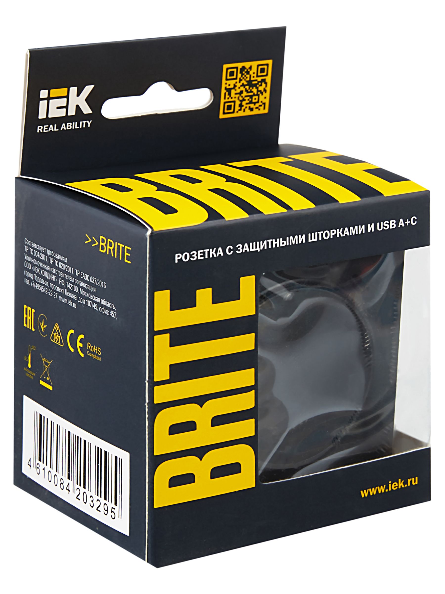 BRITE Розетка 1-местная с заземлением с защитными шторками 16А с USB A+C 18Вт РЮш11-1-БрЧ черный IEK — фото