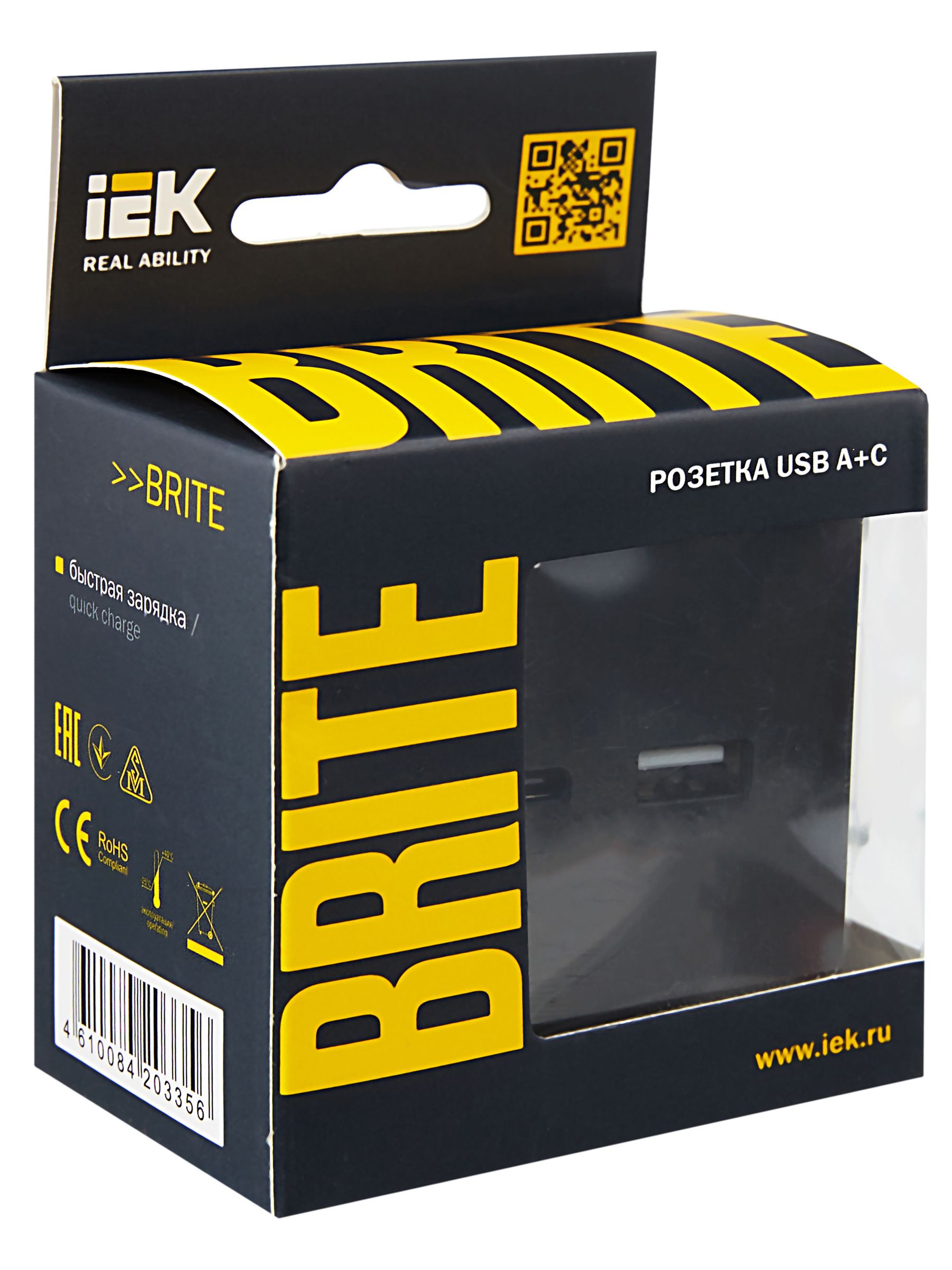 BRITE Розетка USB A+C 18Вт РЮ11-1-БрЧ черный IEK — фото