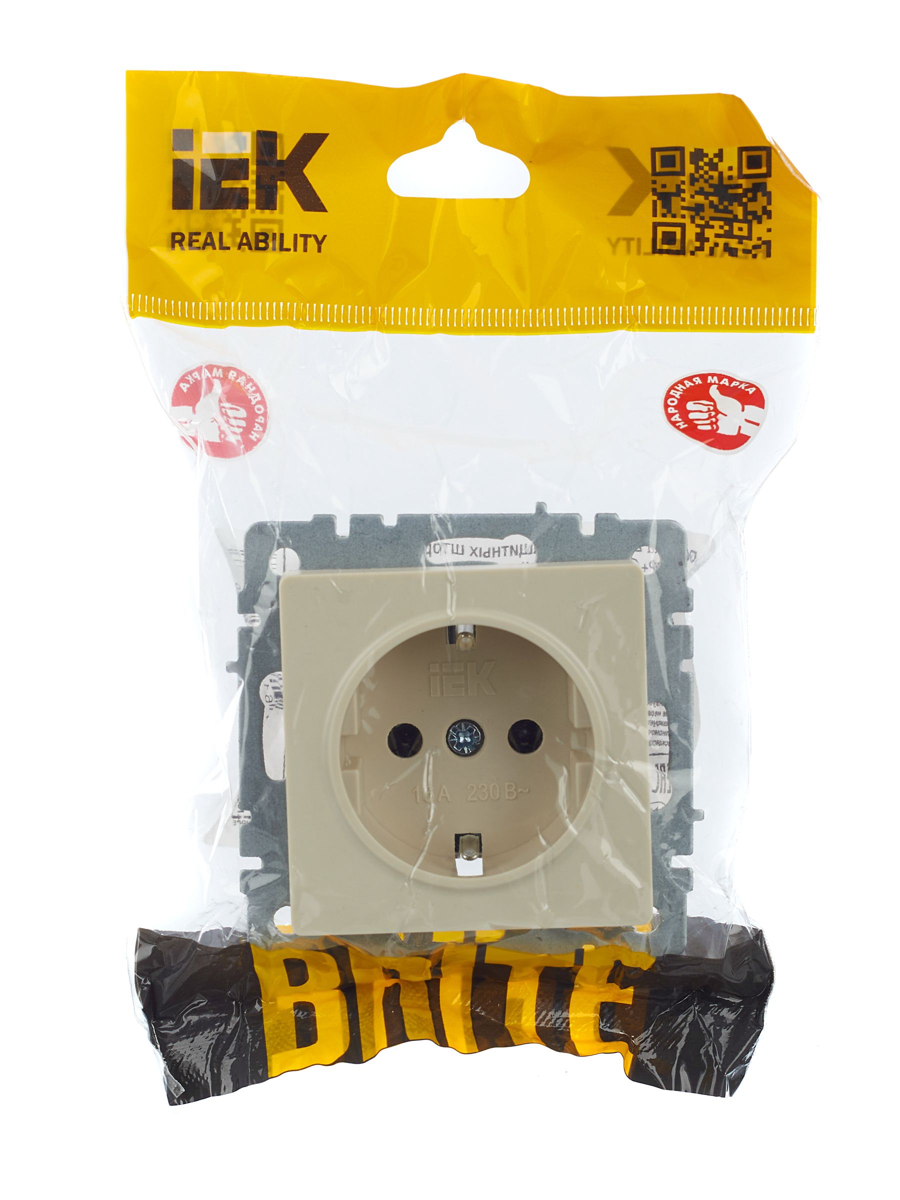 BRITE Розетка 1-местная с заземлением без защитных шторок 16А РС11-1-0-БрКр бежевый IEK — фото