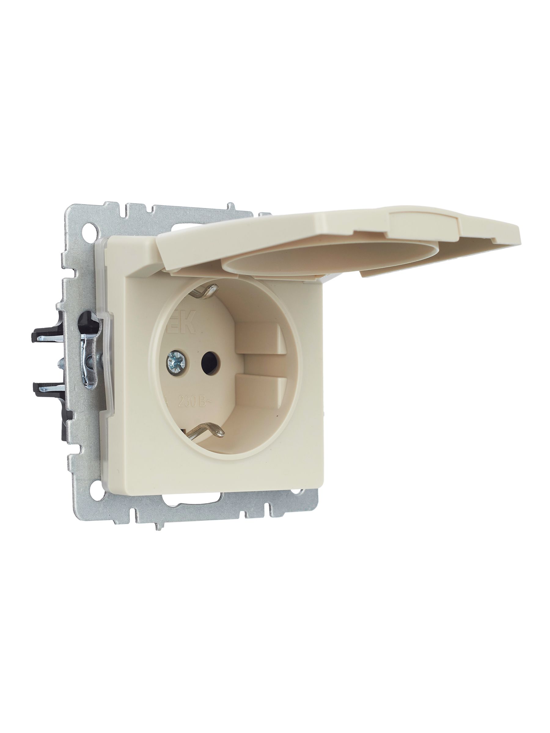 BRITE Розетка 1-местная с заземлением с защитными шторками и крышкой 16А IP44 РСбш10-3-44-БрКр бежевый IEK — фото