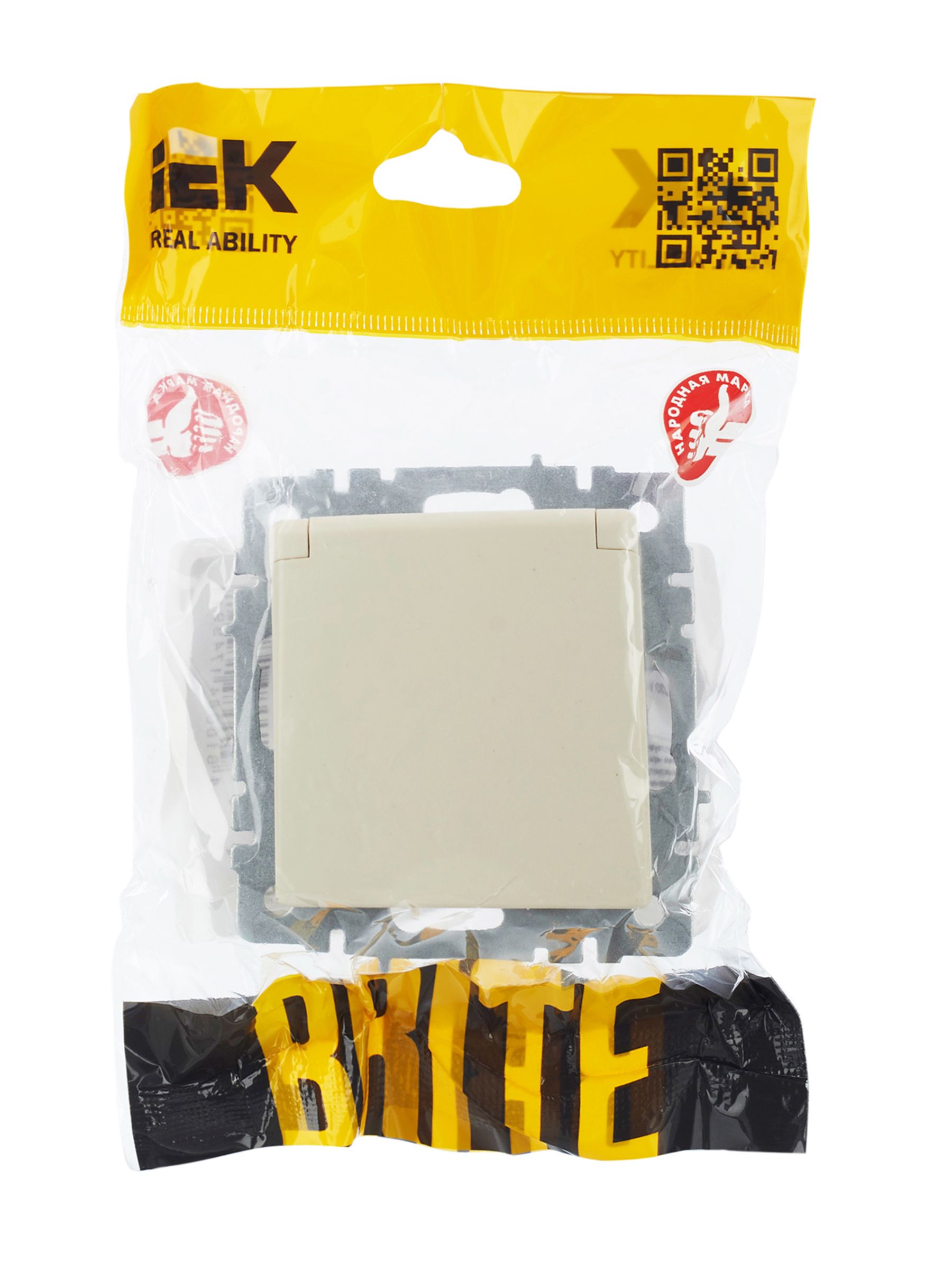 BRITE Розетка 1-местная с заземлением с защитными шторками и крышкой 16А IP44 РСбш10-3-44-БрКр бежевый IEK — фото
