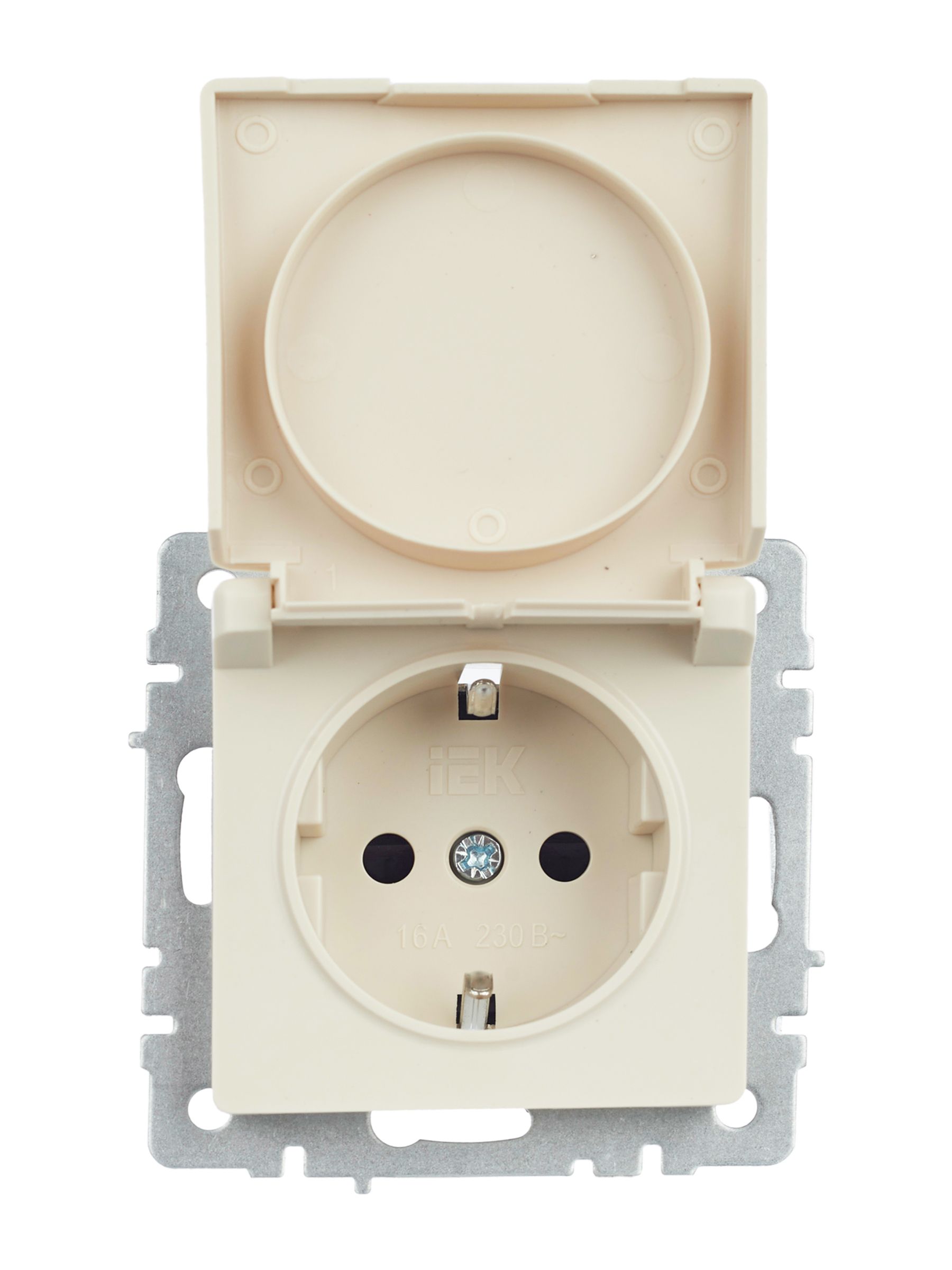 BRITE Розетка 1-местная с заземлением с защитными шторками и крышкой 16А IP44 РСбш10-3-44-БрКр бежевый IEK — фото