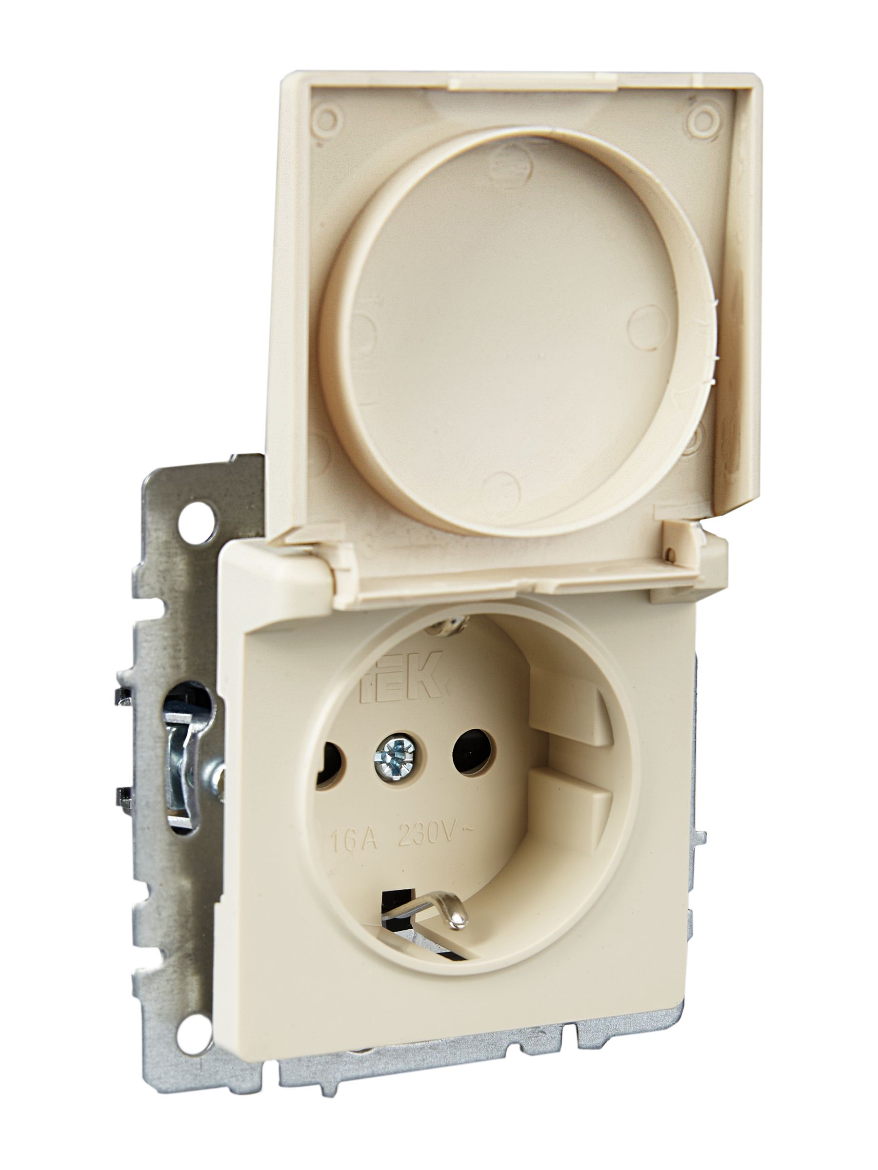 BRITE Розетка 1-местная с заземлением с защитными шторками и крышкой 16А IP20 РСбш10-3-БрКр бежевый IEK — фото