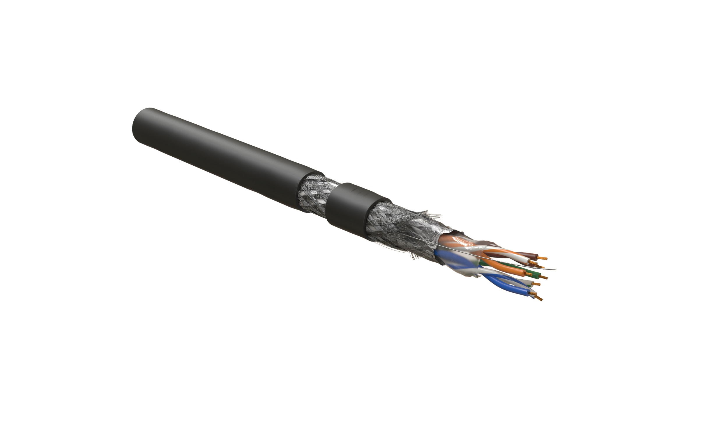 Hyperline SFUTP4-C5E-S24-OUT-PE-BK-305 (305 м) Кабель витая пара, экранированный SF/UTP, общий экран оплетка и фольга, категория 5e, 4 пары 24 AWG, 4х2х0,51 мм, однопроволочные жилы, PE, внешний -40°C – +80°C, черный — фото