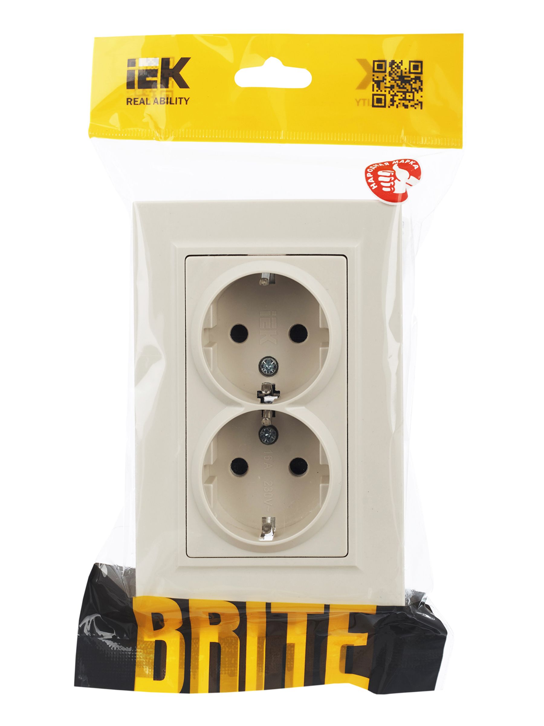 BRITE Розетка 2-местная с заземлением с защитными шторками 16А в сборе РСш12-3-БрКр бежевый IEK — фото
